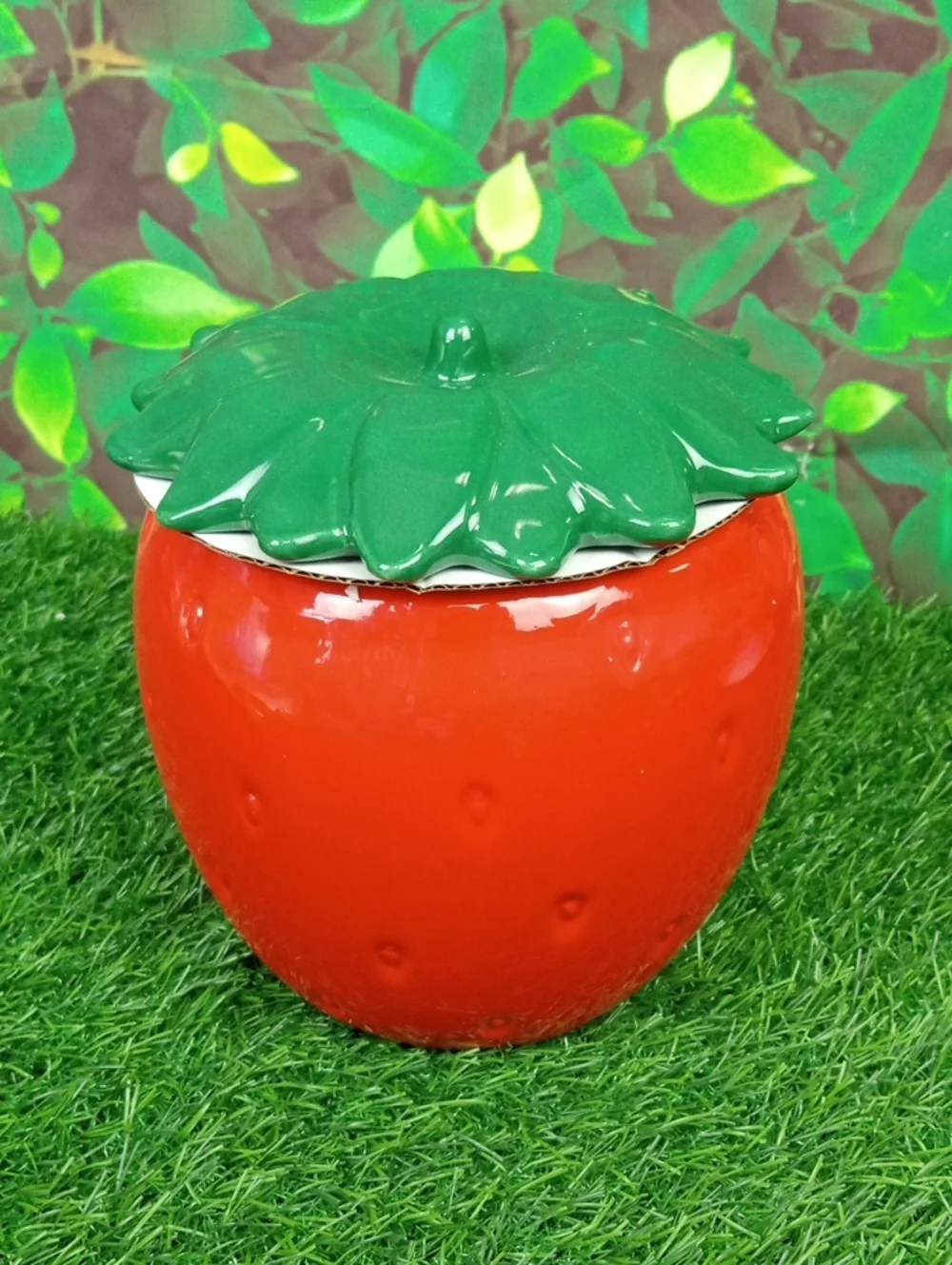 ⛱️ Strawberry Small Cookie Jar with Green Leaf Lid